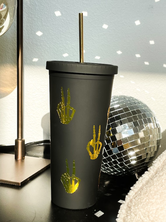 Skeleton Peace Sign Custom Insulated Tumbler Large Iced Coffee Cup With  Straw Reusable Cold Cup Halloween Tumbler Gift for BFF 