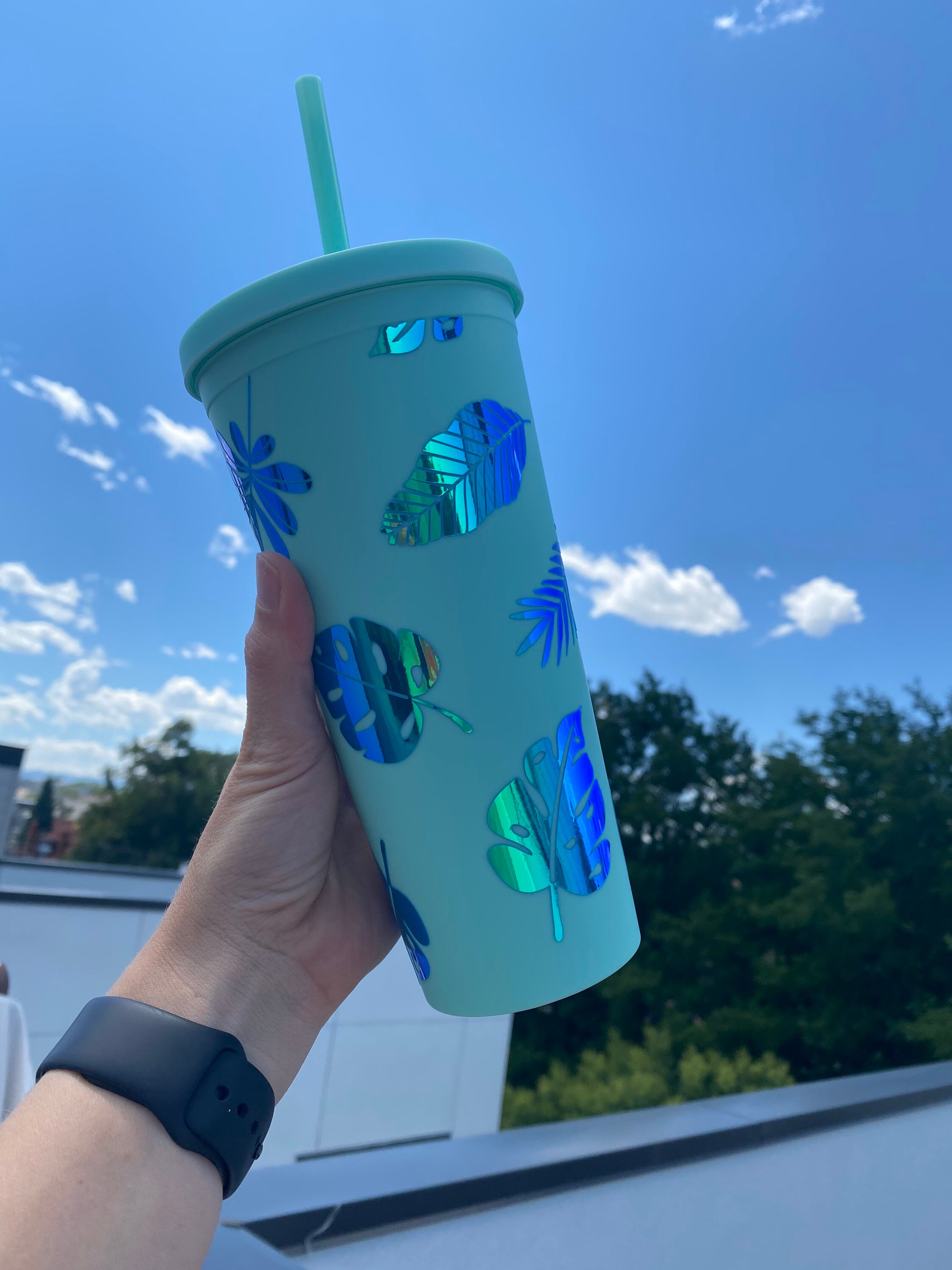 Tropical Leaves Custom Insulated Tumbler Large Iced Coffee Cup Holographic  Reusable Cold Cup BPA Free 22oz Personalized Strata 