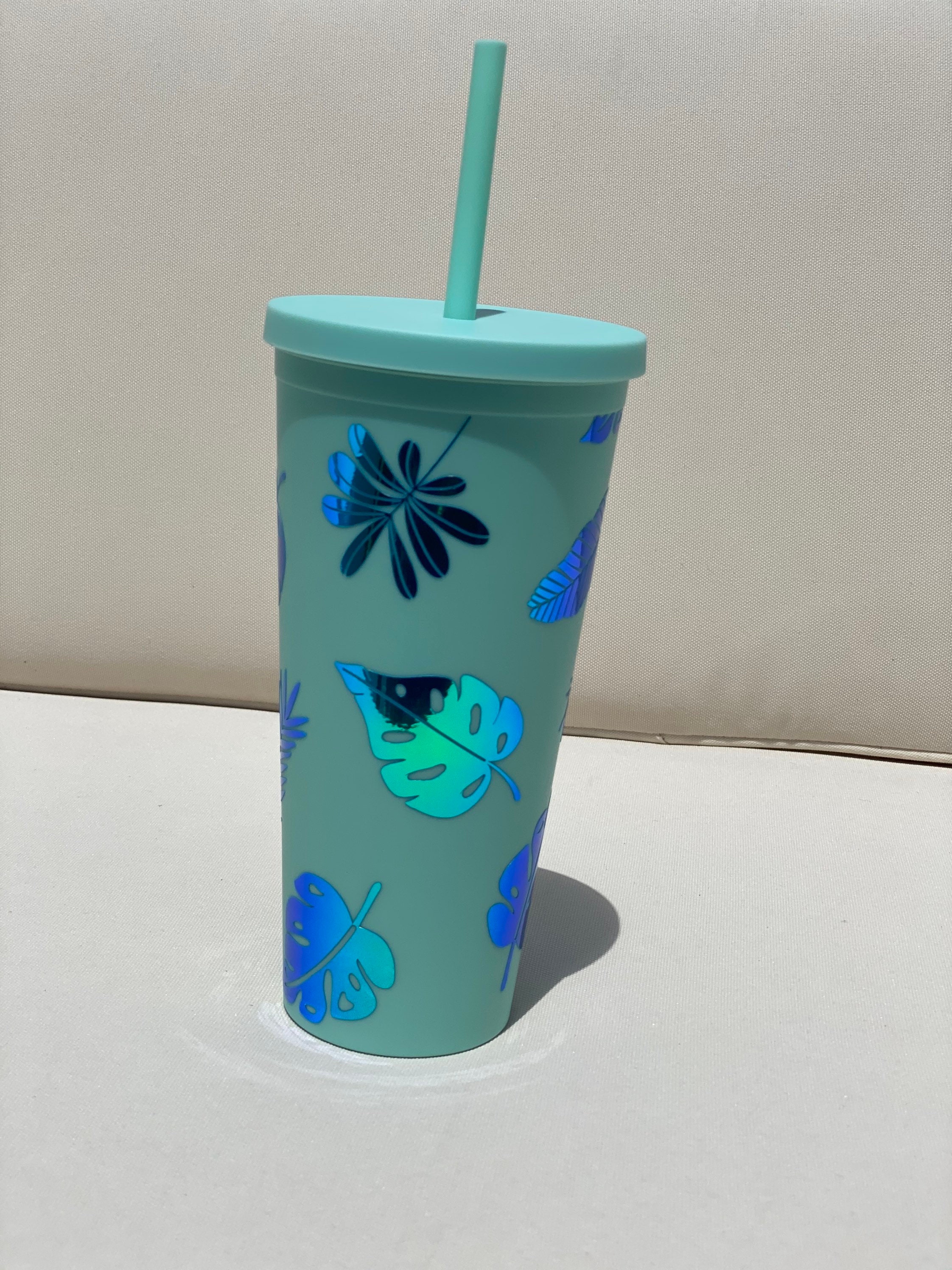 Tropical Leaves Custom Insulated Tumbler Large Iced Coffee Cup Holographic  Reusable Cold Cup BPA Free 22oz Personalized Strata 