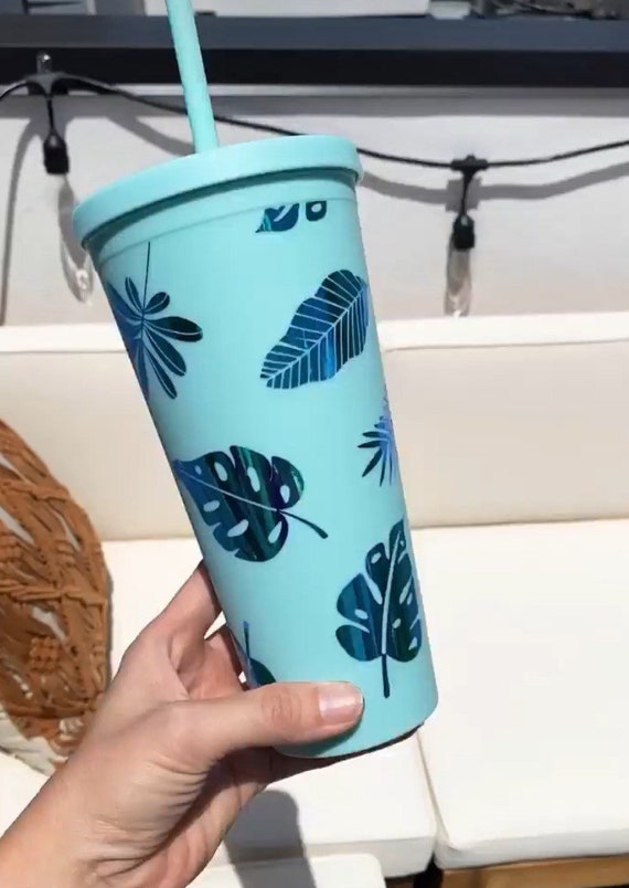 Tropical Leaves Custom Insulated Tumbler Large Iced Coffee Cup Holographic  Reusable Cold Cup BPA Free 22oz Personalized Strata 