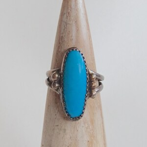 Sterling Silver Handmade Southwestern Blue Oval Turquoise Ring with Sawtooth Bezel & Pebbled Edges Size 7