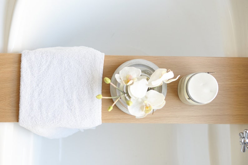 Bath Tray, Bath Caddy made from Solid French Oak Bath Shelf Display Board Custom Made Bath Decor Natural Finish image 2