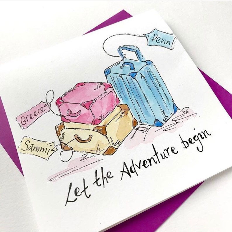 Personalised Travel card Let the adventure begin Bon Voyage Good luck Personalised Free Watercolour original image 1