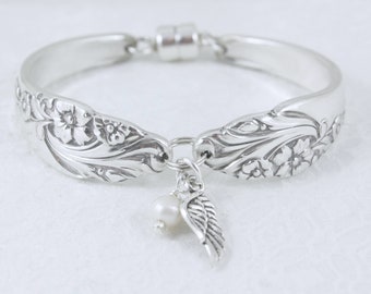 Spoon Bracelet. Vintage Spoon Bracelet with Angel Wing Charm and Pearl. Silverware Jewelry. Evening Star Pattern Circa 1950. Christmas Gift.