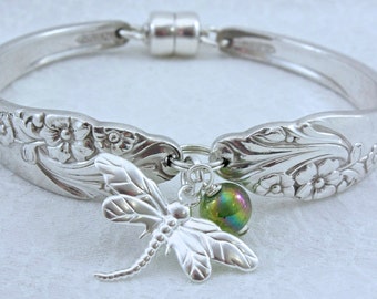Spoon Bracelet, Dragonfly, Blue Paua Shell, Silverware Jewelry