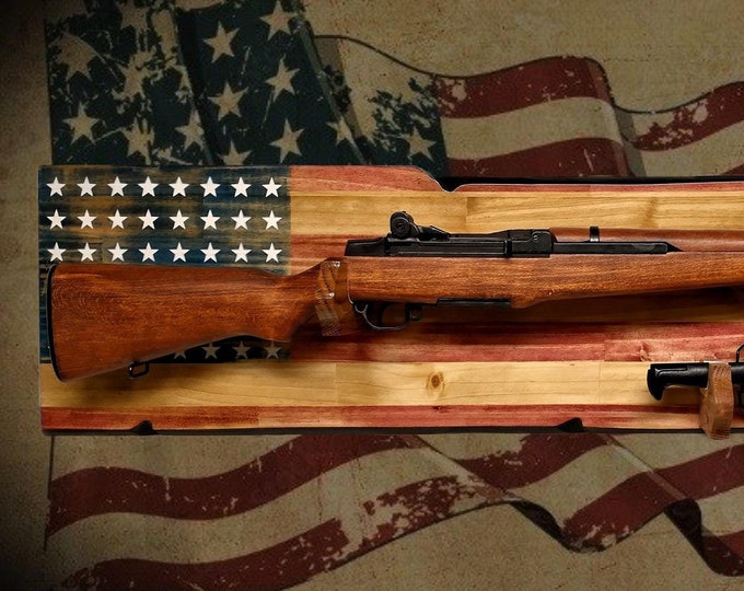 Vintage Rustic 48 Star Flag M1 Garand Rifle and Bayonet Wall Display Patriot Soldier American Decor Collectors Gift