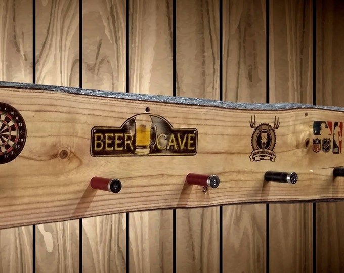Beer Cave Rustic Coat Rack| Live Edge Wood Wall Mount |6 Shotgun Shell Pegs| Man Cave Decor|