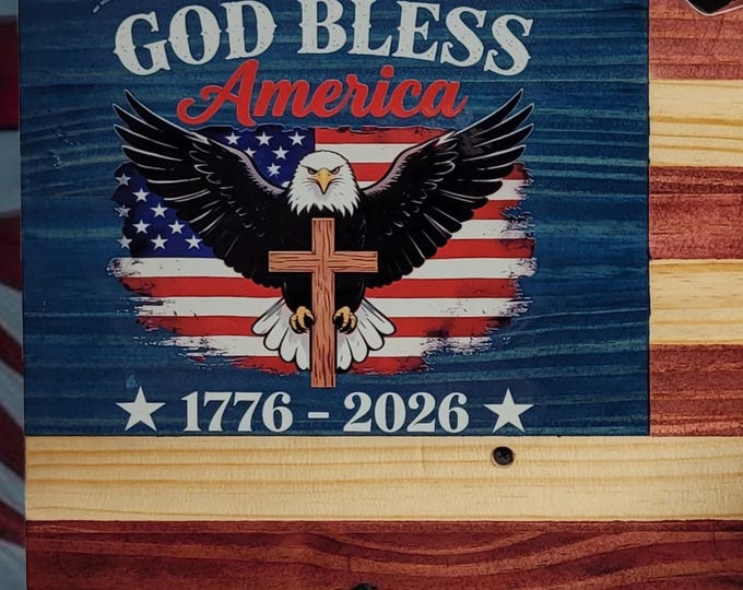 Rustic 250th Freedom American Flag Lever Action Gun Display Faux Live Edge Pine