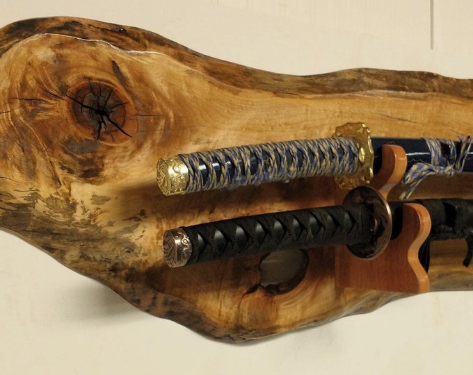 Rustic 2 Tier Contoured Cherry and Rosewood Sword Rack Display Samurai Katana Great Collectors Gift