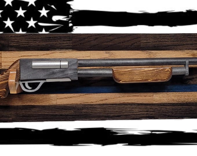 Traditional Solid Cabin Oak Shotgun Rifle Rack Thin Blue Line Patriotic Police Collector Gift