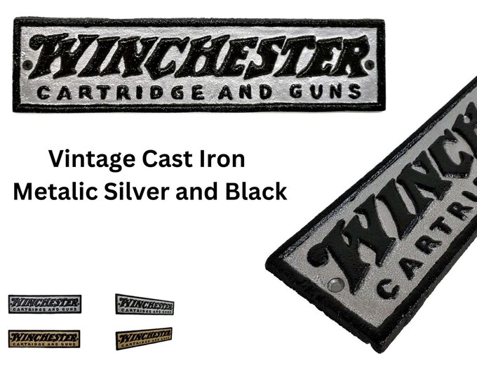 Vintage Metallic SILVER and Black Cast Iron Winchester Cartridge and Guns Plaque Rustic Ranch Cowboy Decor Gift