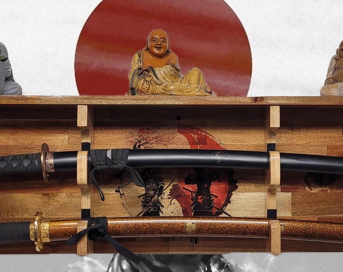 2-Tier Acacia Wall Display for Samurai Katana Deep Shelf Dojo Collectors Gift