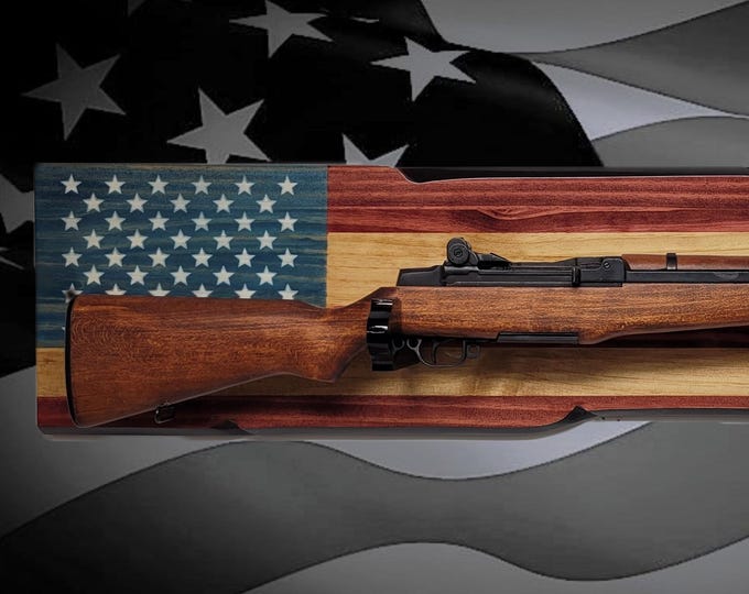 Rustic Old Glory M1 Garand Rifle Wall Display – American Flag Wood Gun Rack Gift