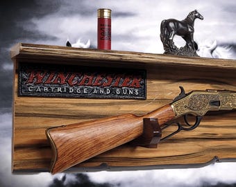 Rustic Rifle Wall Display with Shelf, Faux Live Edge Knotty Pine Gun Rack, Rifle Decor, Gift Collector