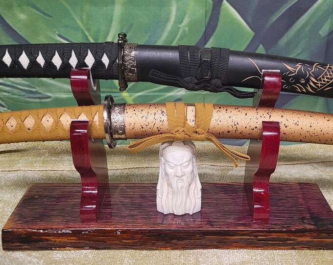 Live Edge Rustic 2 Tier Swamp Oak Purpleheart Kbar Samurai Military Display Gift