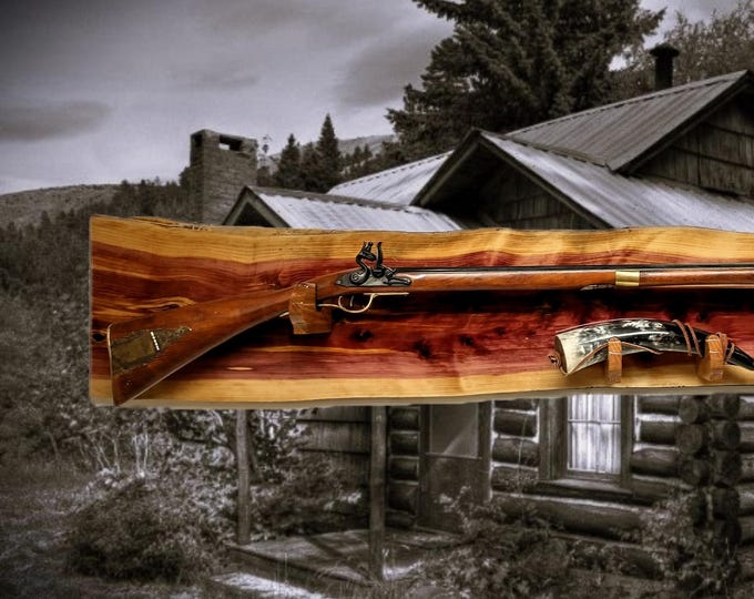 Knotty Live Edge Rustic Red Cedar Vintage Kentucky Long Gun Musket Rifle with Powder Horn Display Unique Gift