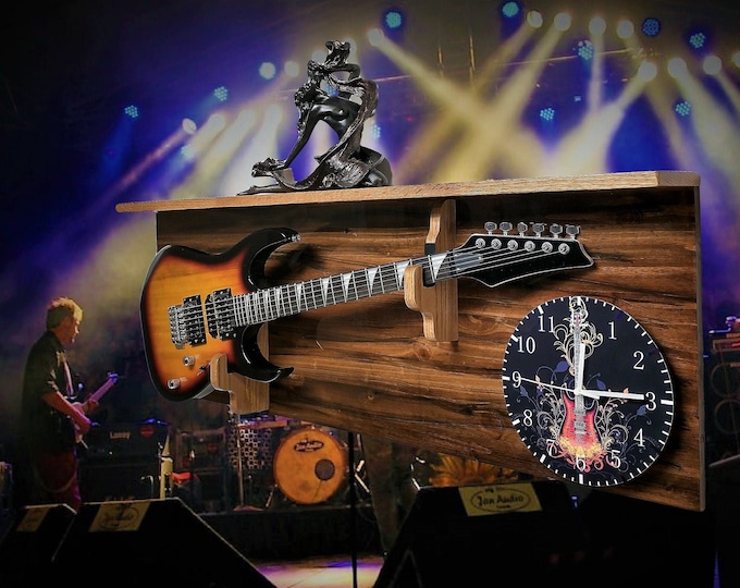 Rustic Electric Guitar Display with Shelf, Adjustable Hardwood Hangers, Unique One of a Kind Player Gift, Special Matching Clock