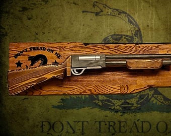 Rustic Don't Tread On Me Shotgun Display Faux Live Edge Gun Rack Cabin Oak Décor Collectors Gift