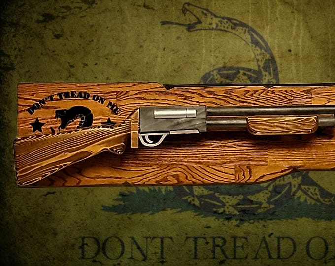 Rustic Don't Tread On Me Shotgun Display Faux Live Edge Gun Rack Cabin Oak Décor Collectors Gift