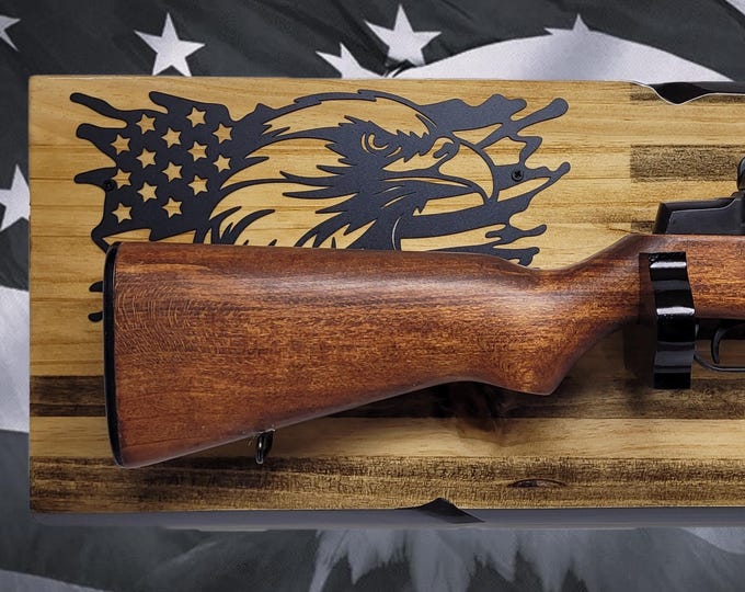 Rustic M1 Garand & KA-BAR Wall Display – Knotty Pine Faux Live Edge with Black White American Flag