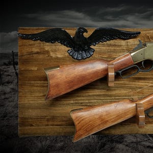 Rustic Faux Live Edge 2 Place Eagle Aspen Lever Action Rifle Display Western Collector Gift