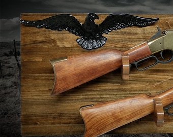 Rustic Faux Live Edge 2 Place Eagle Aspen Lever Action Rifle Display Western Collector Gift