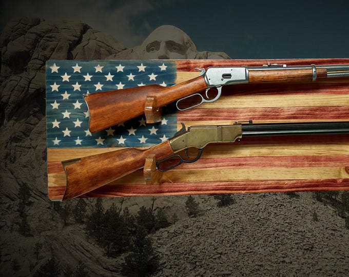 Rustic 2 Place 50 Star Flag Lever Action Knotty Pine Rifle Display Patriotic Collector Gift