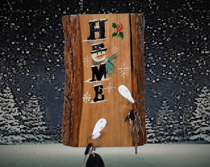 KEY ORGANIZER WALL, Wood Key Holder, Live Edge Poplar Decorative Hand Painted Snowman Key Holder Christmas Wall Decor