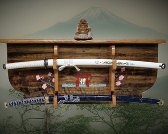 Rustic 2 Tier Katana Sword Display Rack| Wall Shelf Hand Painted| Samurai Shinto Bushido Décor