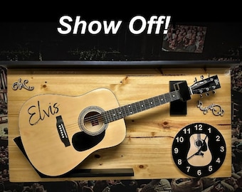 Rustic Guitar Shelf Wall Display, Knotty Pine Wood Wall Rack Unique Guitar Clock Autographed Guitar Gift