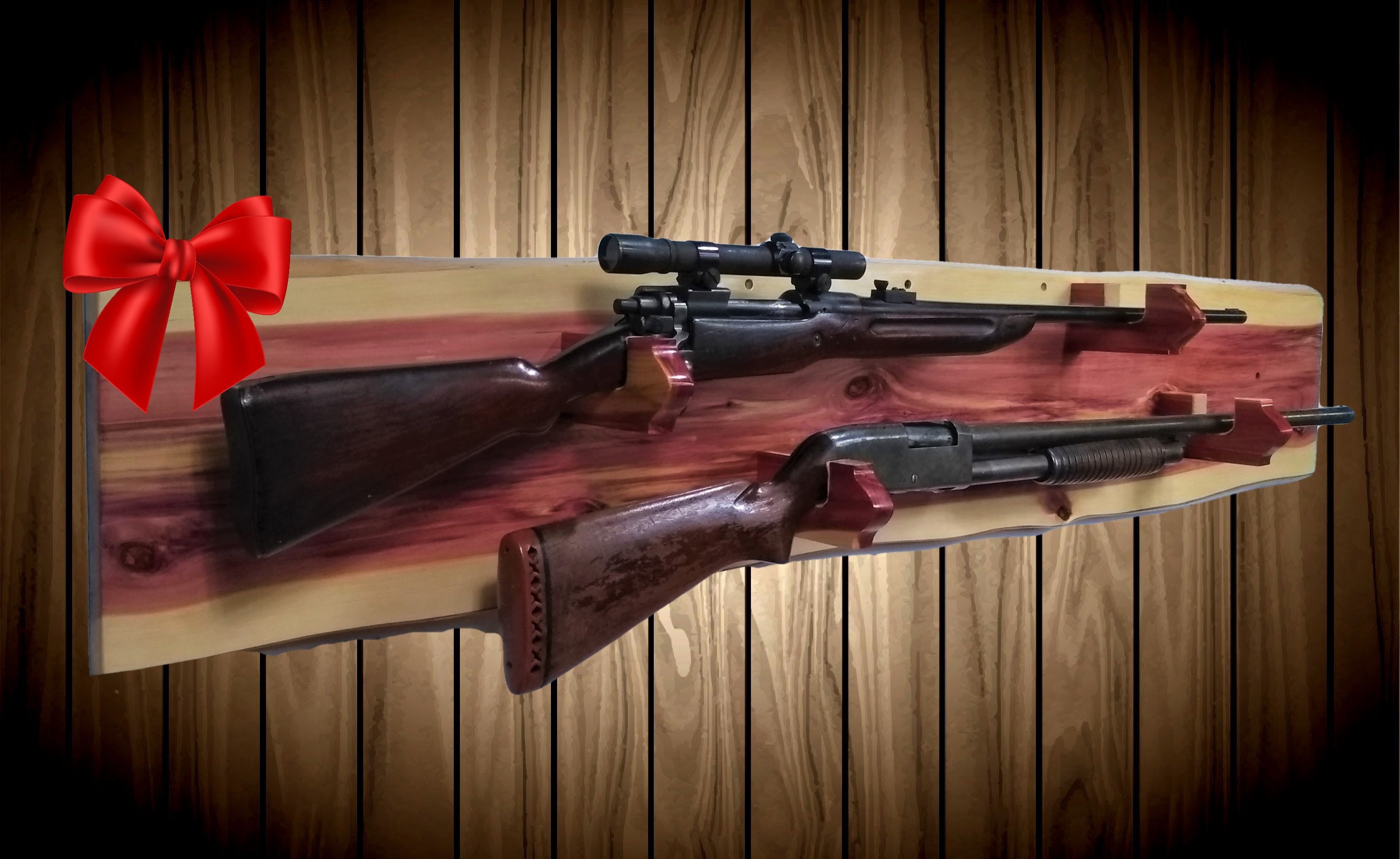 Rustic Red 2 Place Gun Rack, Wall Mount, Live Edge Knotty Cedar, Rifle