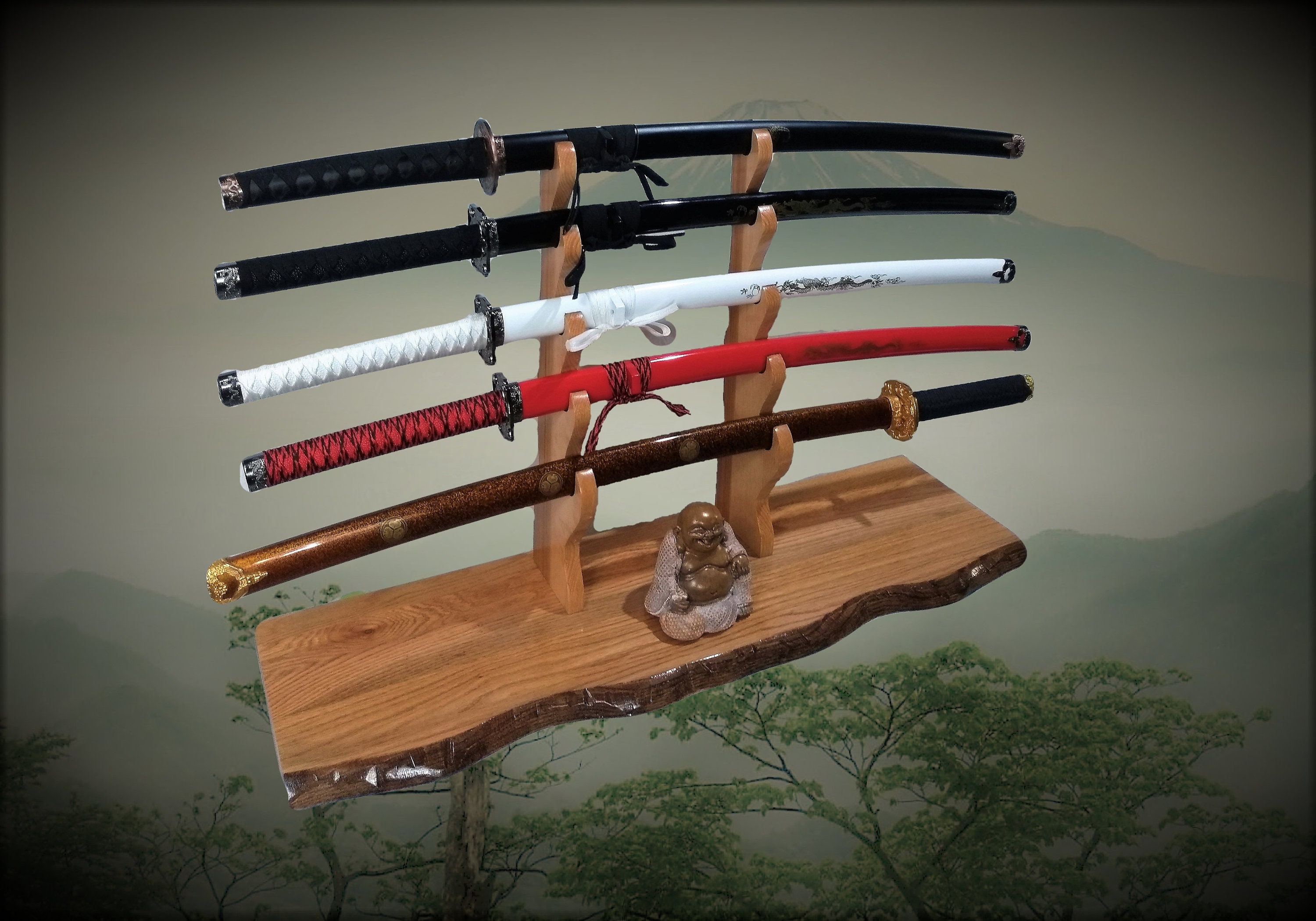 Solid Rustic Oak Katana Sword Stand, Hickory Holders, Mantel Desk Top