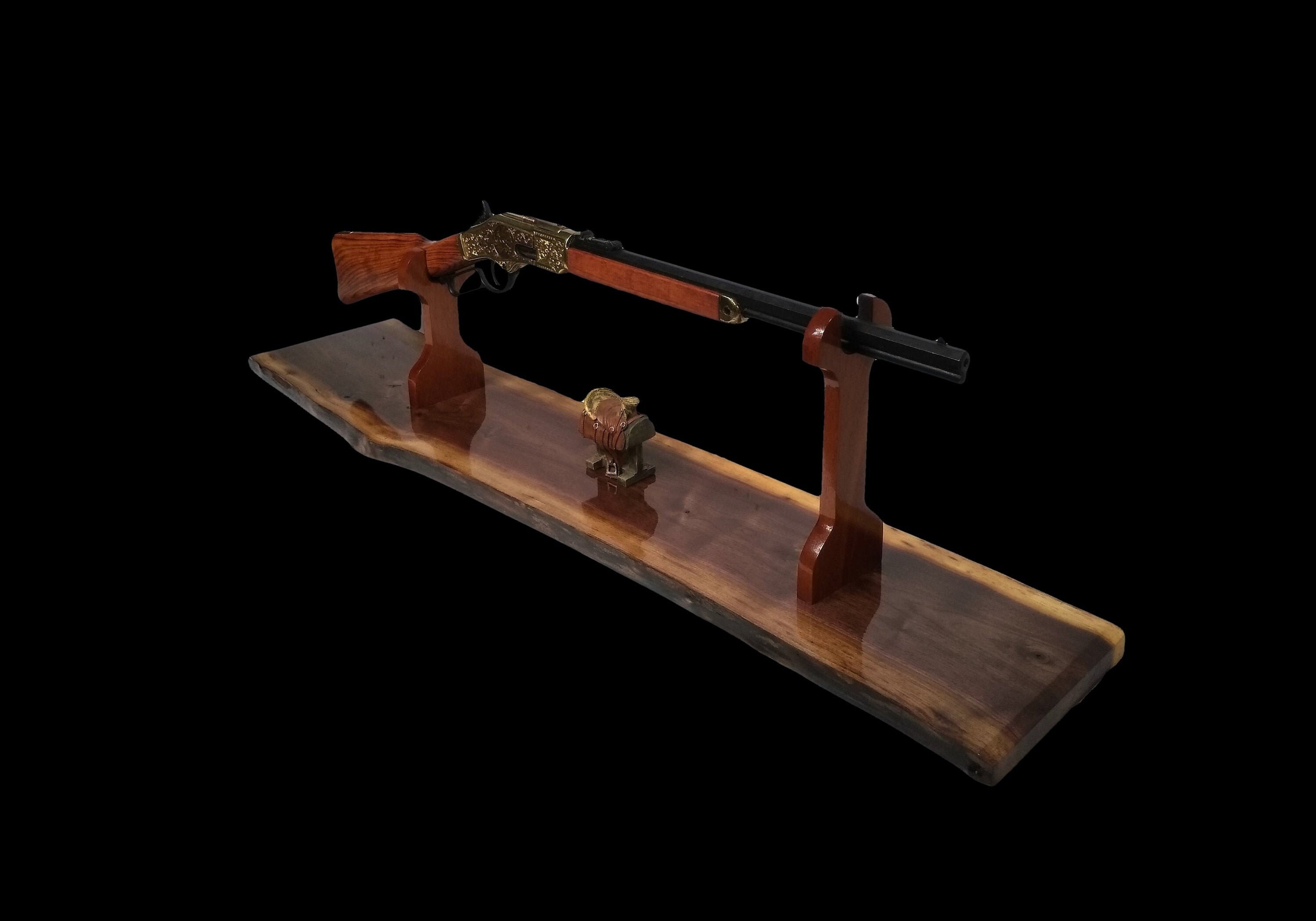 Rustic Gun Rack Stand, Live Edge Walnut, Lever Action Western Rifle