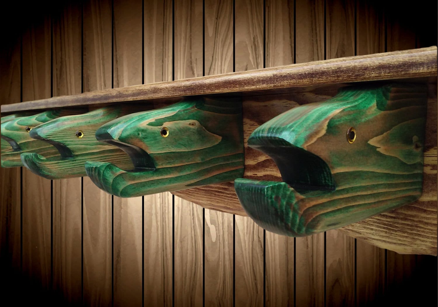 Wood Fish Coat Hat Rack Shelf 6 FISH Head Hangers DISPLAY Handmade Wall