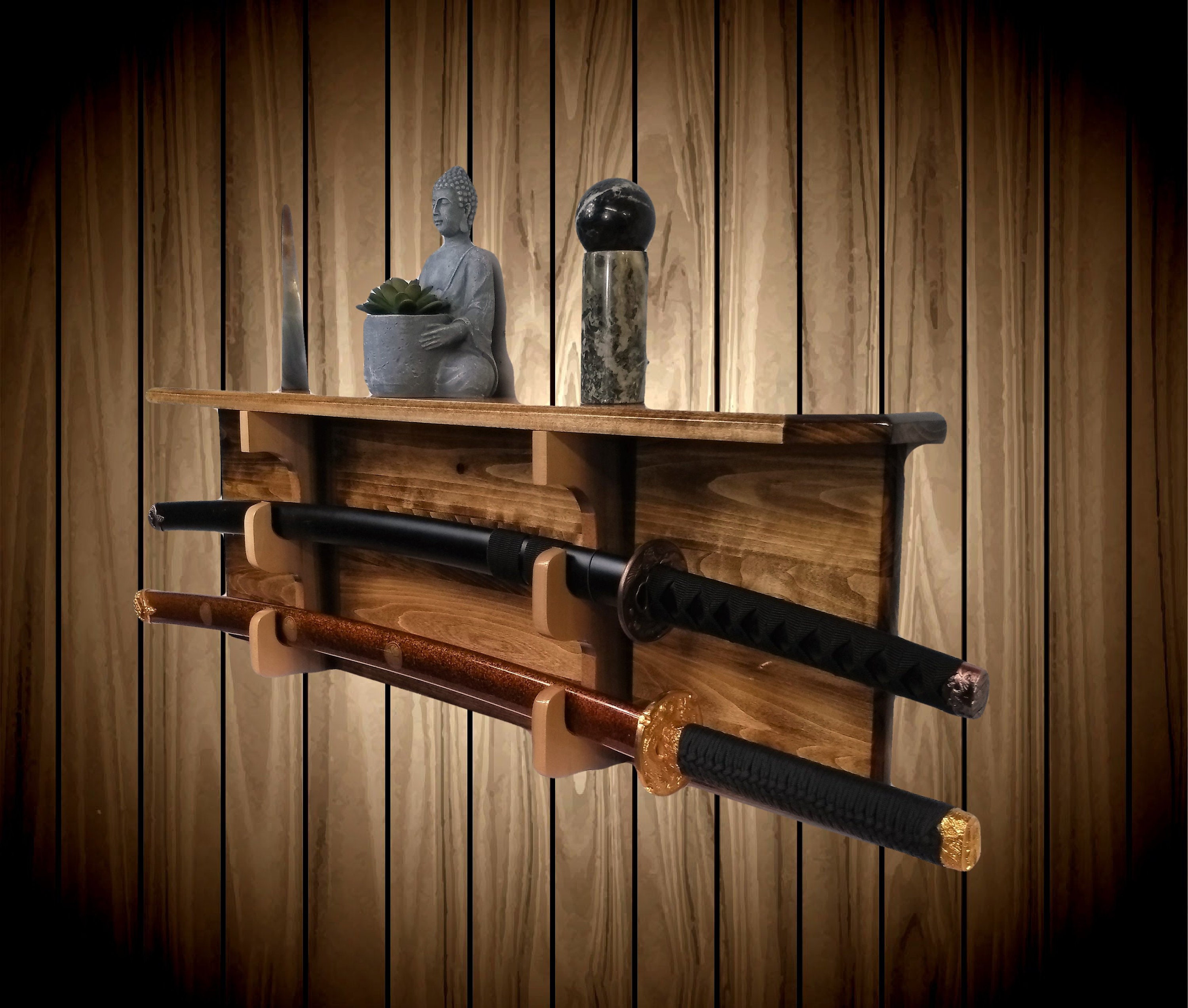 Sword Display Rack w/Shelf, Aspen Wood Wall Mount, Walnut Finish, Military Saber, Katana Samurai