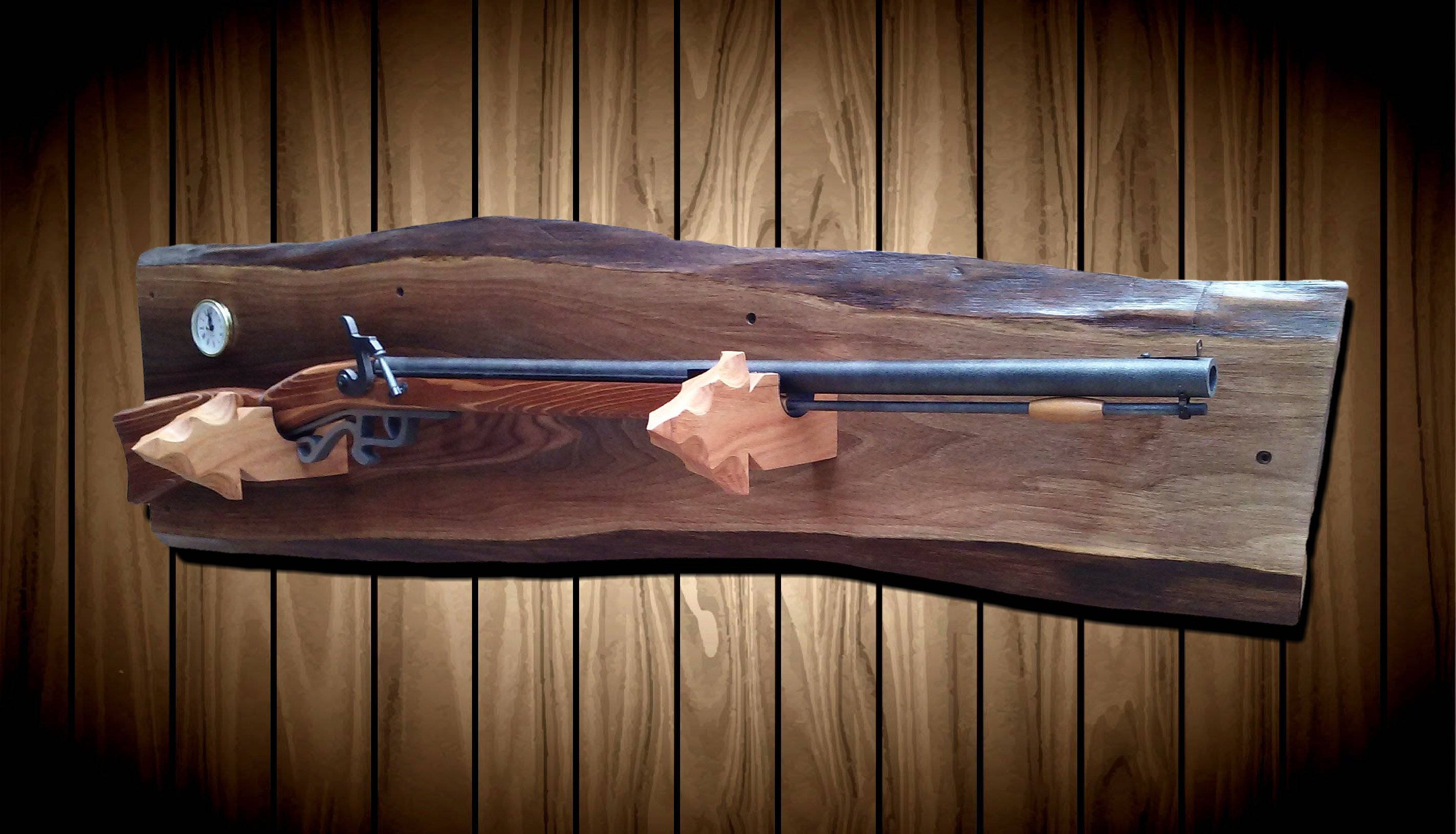 Rustic Live Edge Walnut Wall Gun Rack with Wood Arrowhead Hangers