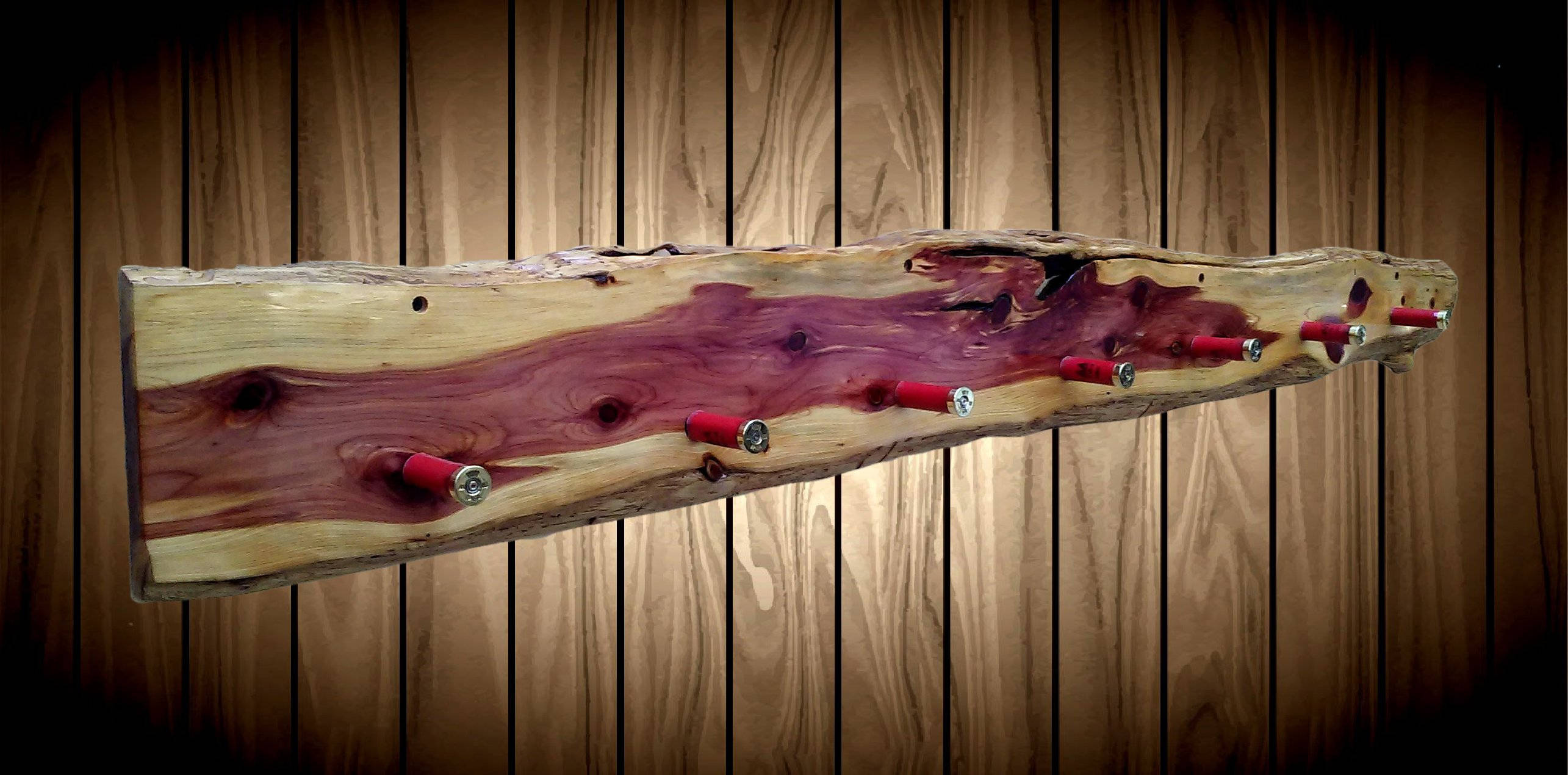 Rustic Wood Entryway Shotgun Shell Hat Coat Rack Live Edge
