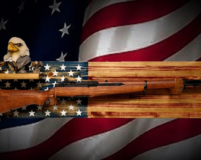 Rustic Old Glory Vintage M1 Garand Rifle Wall Display with Shelf Patriot American Decor Soldier Collectors Gift