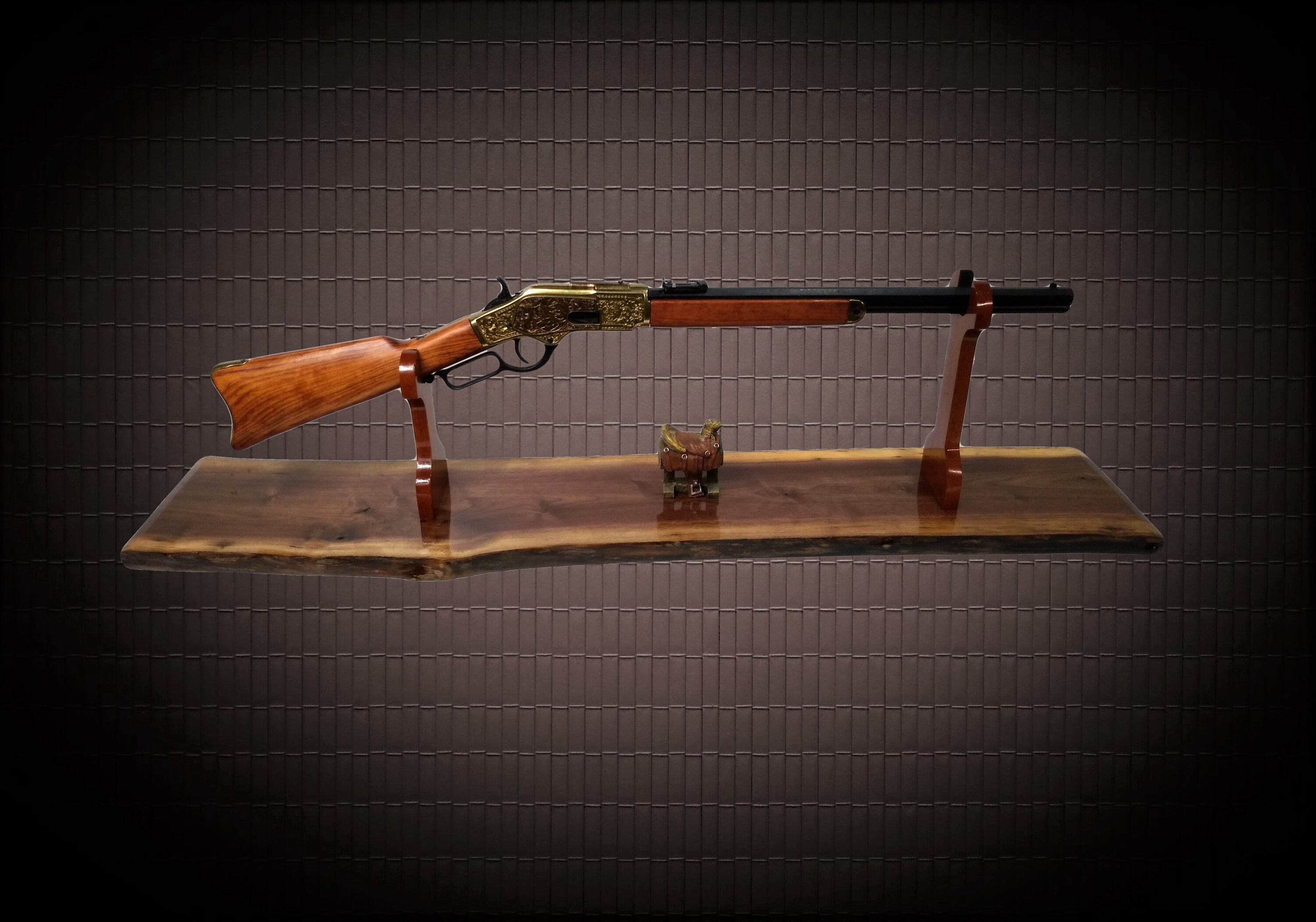Rustic Gun Rack Stand, Live Edge Walnut, Lever Action Western Rifle