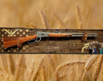 Lever Action Rustic 50 Gold Star Rifle Display Faux Live Edge Gun Rack Cabin Oak Décor Collectors Gift