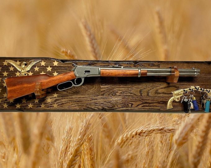 Lever Action Rustic 50 Gold Star Rifle Display Faux Live Edge Gun Rack Cabin Oak Décor Collectors Gift