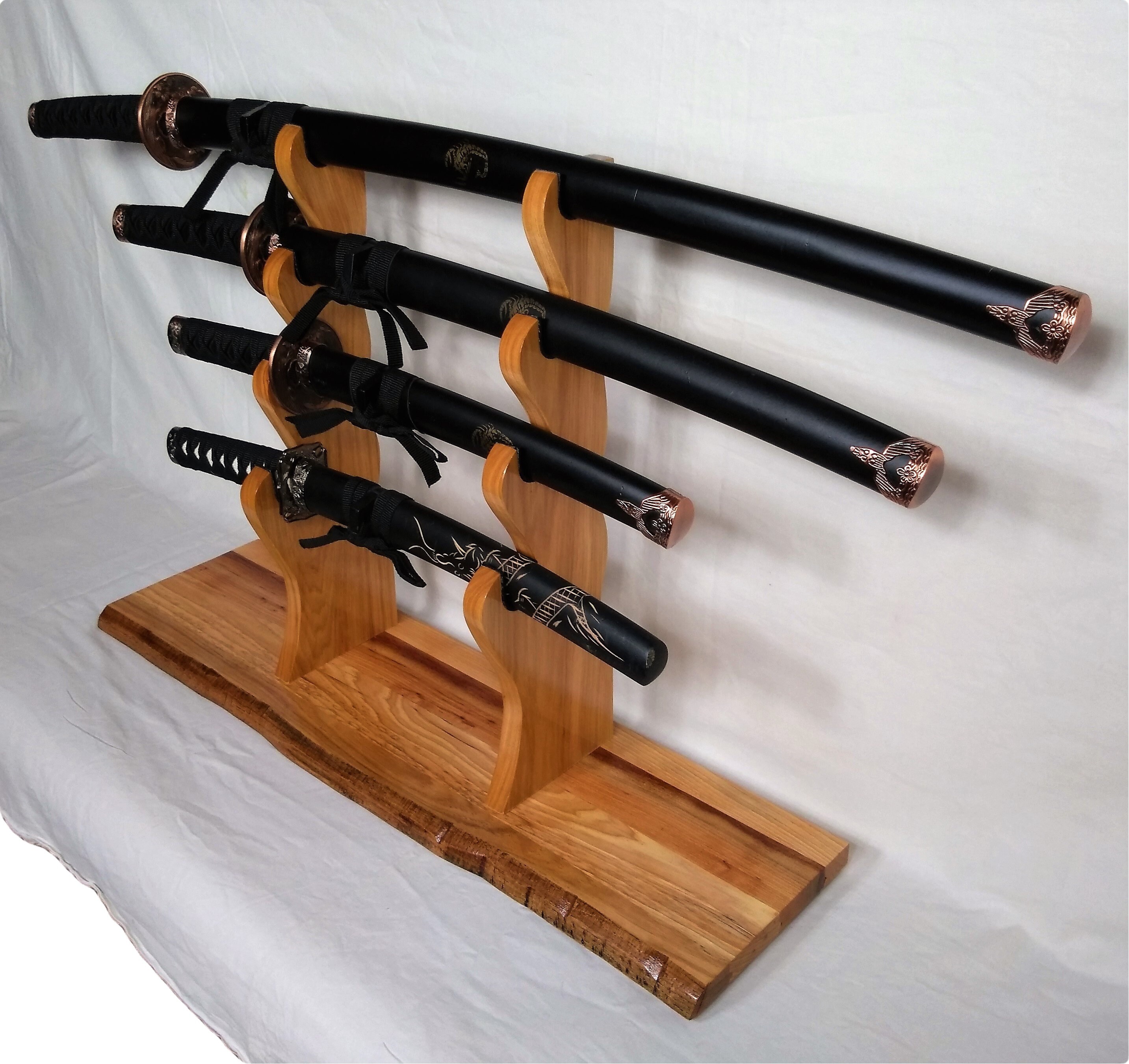Rustic Katana Wakizashi Tanto Samurai Sword Display 4 Tier Hickory Mantel Desk Top Japanese