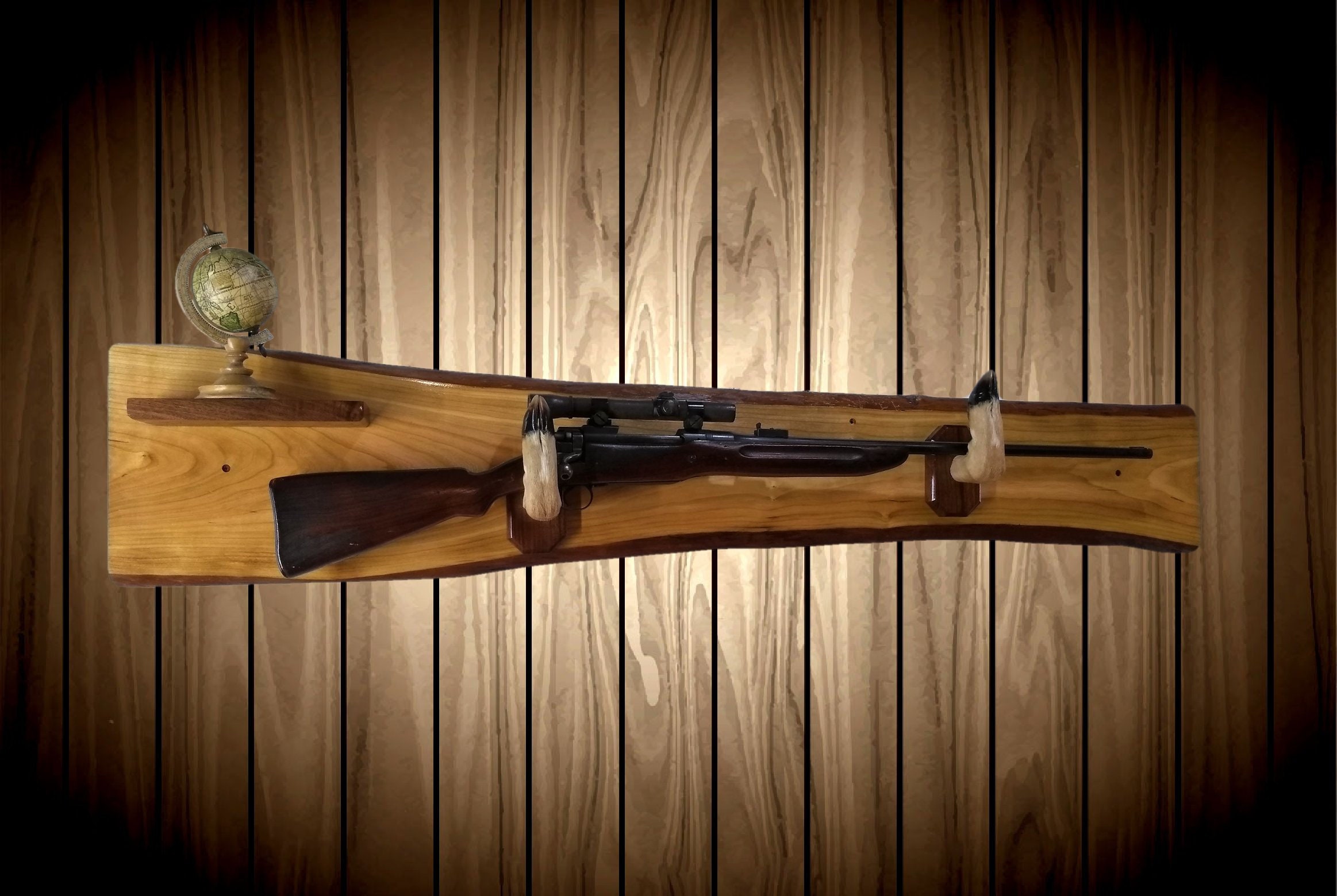 Rustic Gun Rack Live Edge Red Maple Small Shelf Deer Hoof Hangers Wall Mount Rifle Shotgun Home