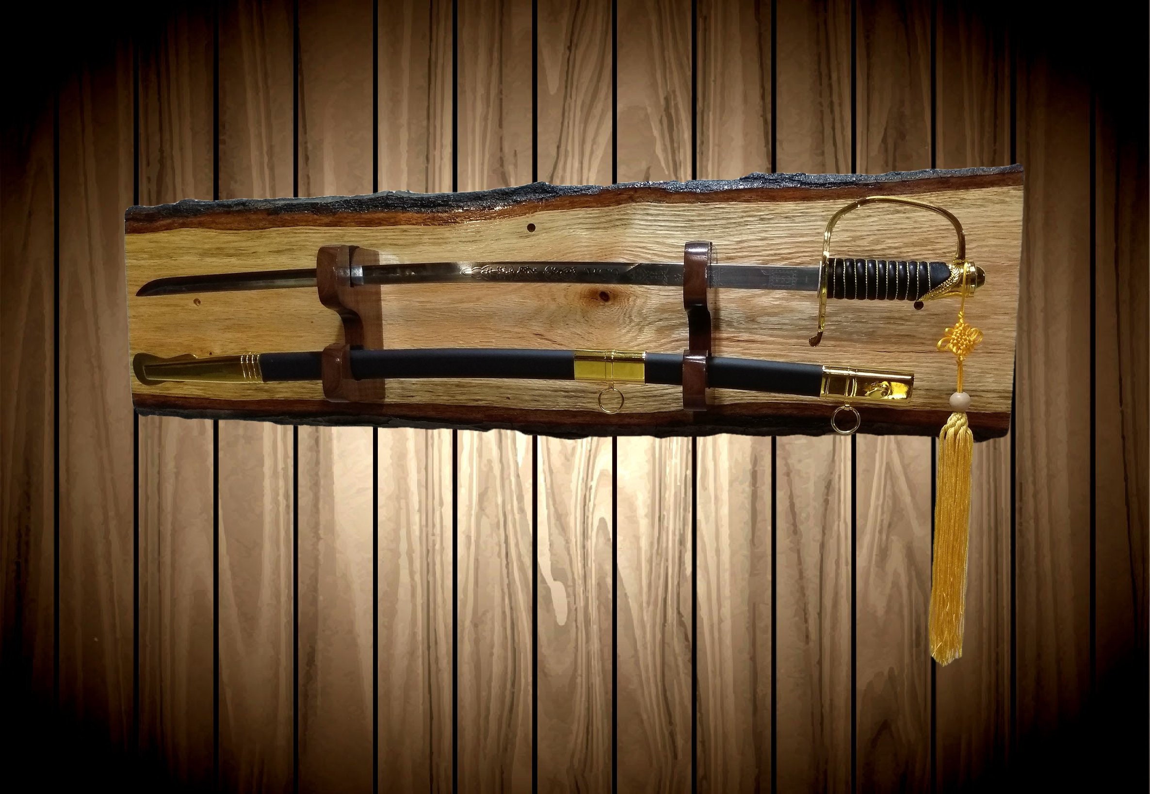 Sword Display Rack, Wall Mount,Live Edge Oak, Military Saber, , Samurai