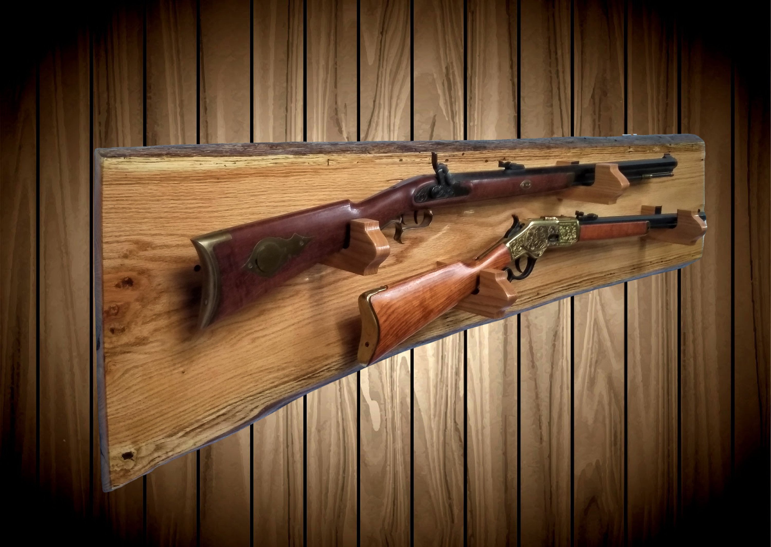 Rustic Oak Gun Rack, Live Edge 2 Gun Display, Rifle Shotgun Hunting