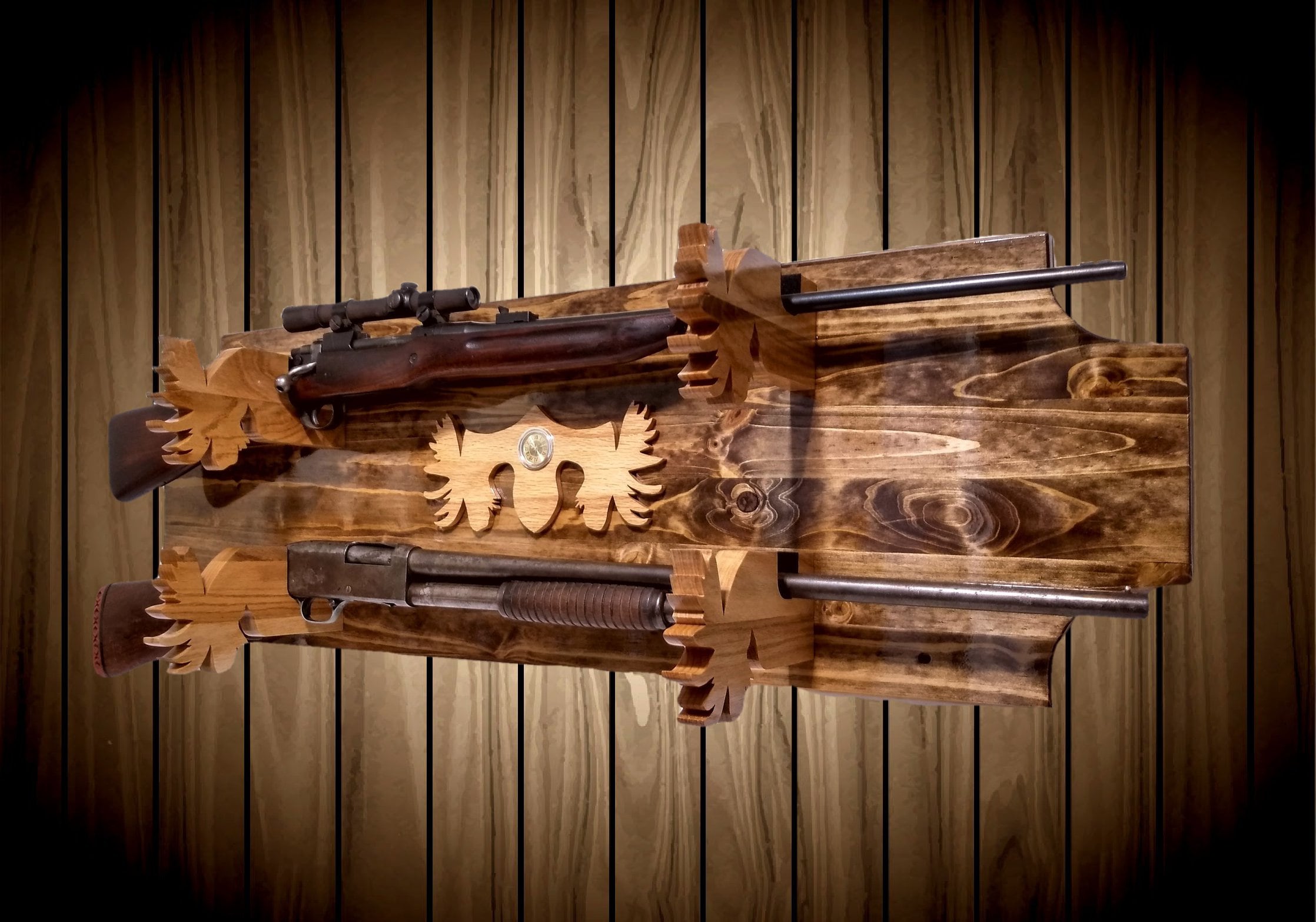 2 Place Knotty Pine Gun Rack Wall Mount Moose Holders and Decor Shotgun