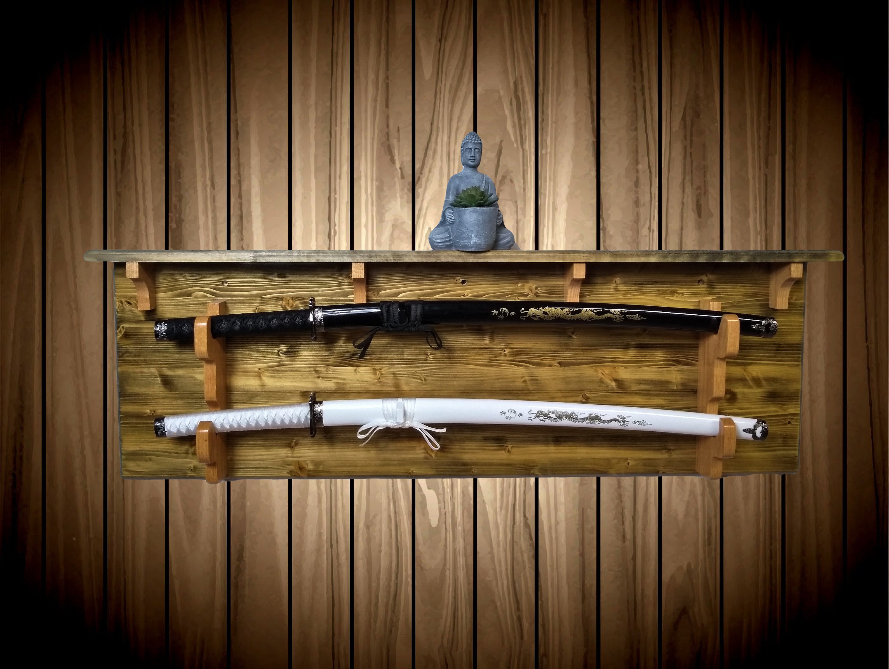Long Sword Display Rack, 2 Tier w/Shelf, Viking, Crusaders, Templar, Katana, Wood Wall Mount