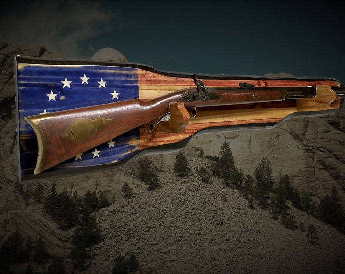 Rustic 1776 Flag Gun Rack | Knotty Pine Wall Mount | Rifle Muzzle Loader Display | Historic Vintage Decor
