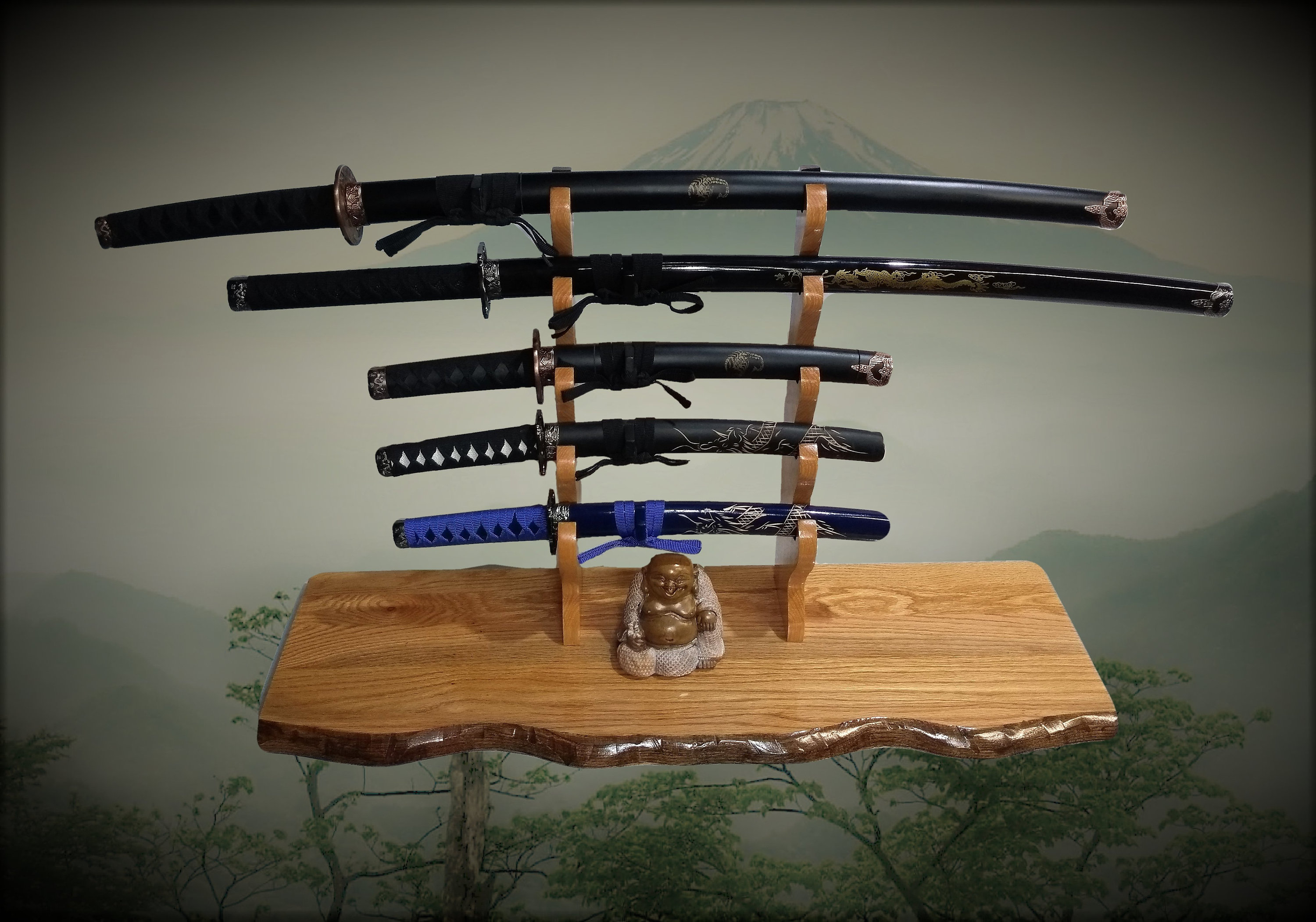 Solid Rustic Oak Katana Sword Stand, Hickory Holders, Mantel Desk Top