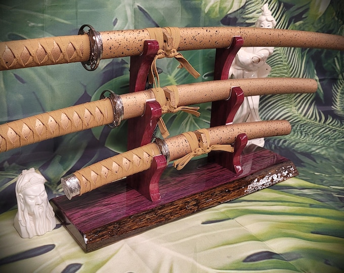 Handcrafted Live Edge Sword Stand: Purpleheart & Swamp Oak Katana Display